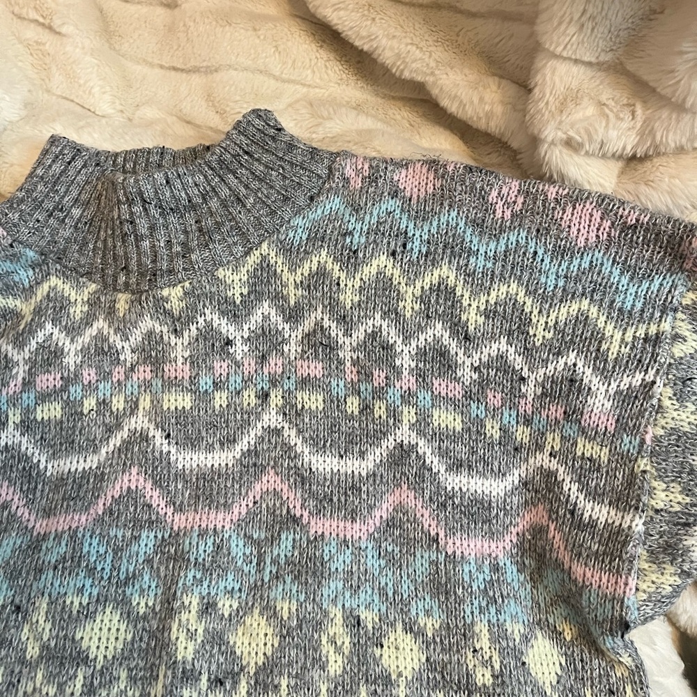 Vintage Croquet Women’s M Pastel Grey Pink Blue Kawaii Crop Preppy City Sweater